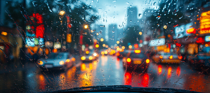 City streets illuminated in the rain. Raindrops cover the windshield as colorful city lights glow against a gloomy urban backdrop during a rainy evening. - Powered by Adobe