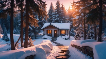 Snow-covered cabin in a forest with tall trees and a path leading to it during sunset. Winter landscape scene. The tranquility of a winter retreat in nature.
