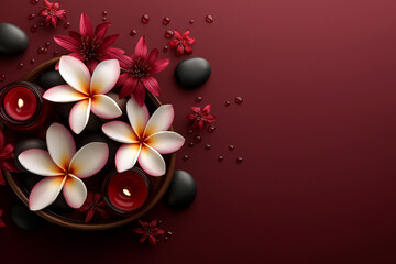 Spa Serenity Aromatic Candles Smooth Stones and Exotic Floral Arrangements on a Rich Red Surface