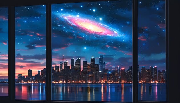 Fototapeta A breathtaking view of a vibrant city skyline at dusk reflected in calm water under a mesmerizing galaxy and starry night sky seen through a window