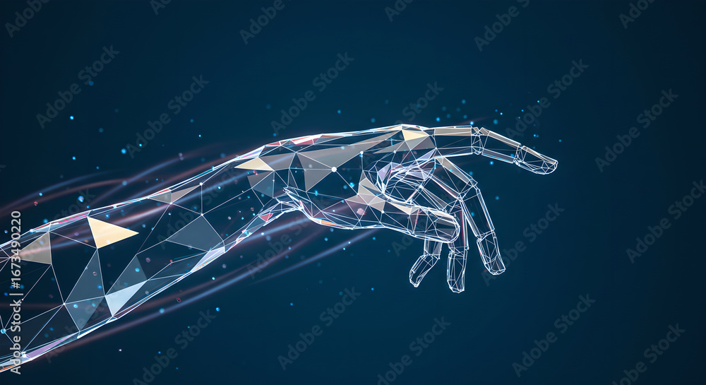 Poster digital human hand on dark background. abstract technology concept with wireframe finger. ai and dat