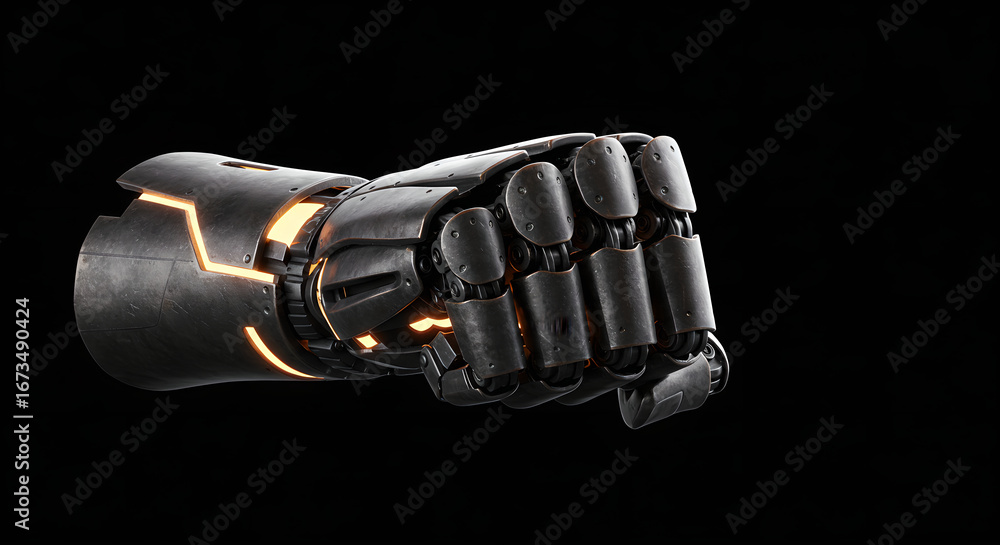 Aufkleber robotic arm with glowing orange light clenched into a fist. future technology and cybernetic concept