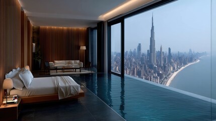Fototapeta premium Luxury hotel room offers stunning skyline view of city with iconic skyscrapers and infinity pool overlooking the bay at sunset