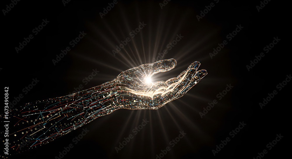 Poster digital human hand extending with glowing light. artificial intelligence and data transfer concept. 