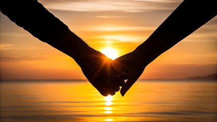 Elderly hands holding at sunset silhouette