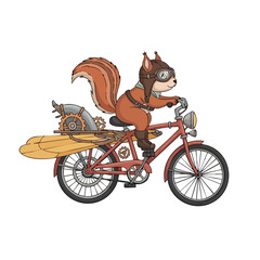 Squirrel riding a bicycle with goggles and mechanical wings in a whimsical steampunk design 