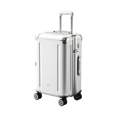 Travel adventure stylish silver luggage urban setting product photography modern environment eye-level view travel essentials