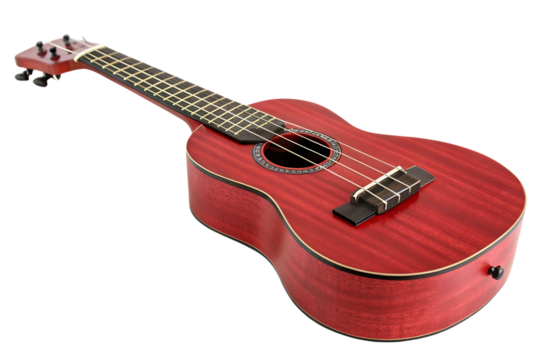 Red ukulele with a black strap