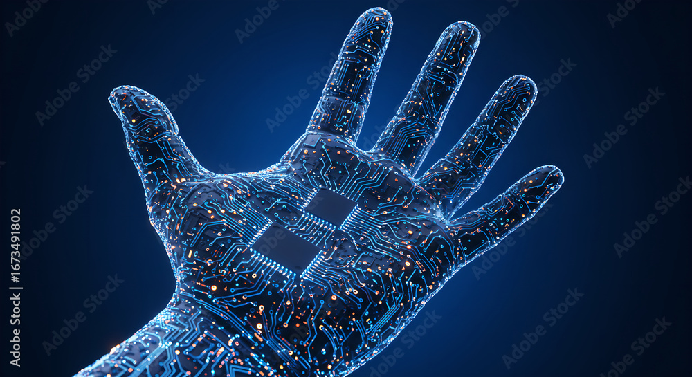 Aufkleber digital hand with circuit board pattern and glowing microchips. abstract technology concept of robot