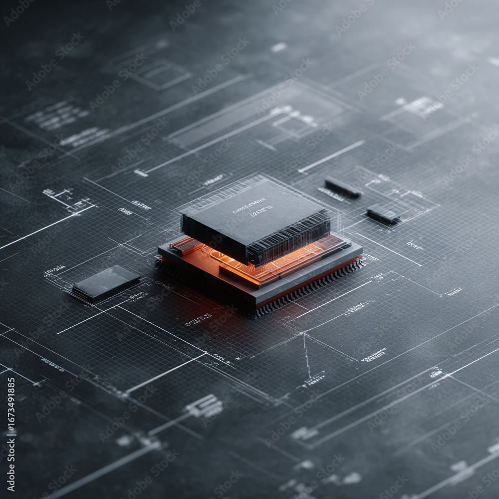 Poster conceptual image of a computer chip on a technical blueprint, symbolizing innovation, technology, an