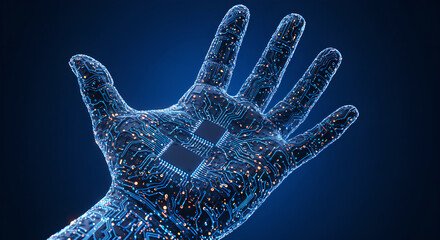 Digital hand with circuit board pattern and glowing microchips. Abstract technology concept of robotic palm for artificial intelligence.