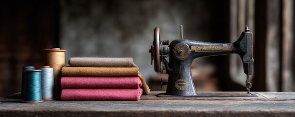 Vintage sewing machine and colorful fabrics on rustic wood. Evokes craft, tradition,  handmade goods. Ideal for retro, textile, or small business concepts.