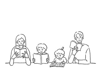 本を読む家族、線画