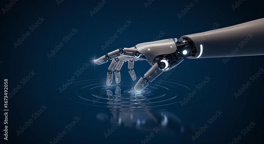 Poster robotic hand touching smooth water surface. artificial intelligence interaction with nature. technol