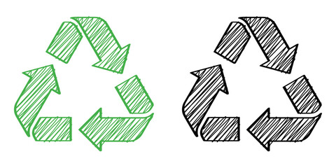Scribble doodle recycle icon, black and green color. Simple sustainability symbol illustration vector design. 