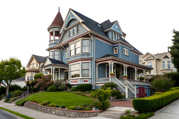 Large blue house with a red roof