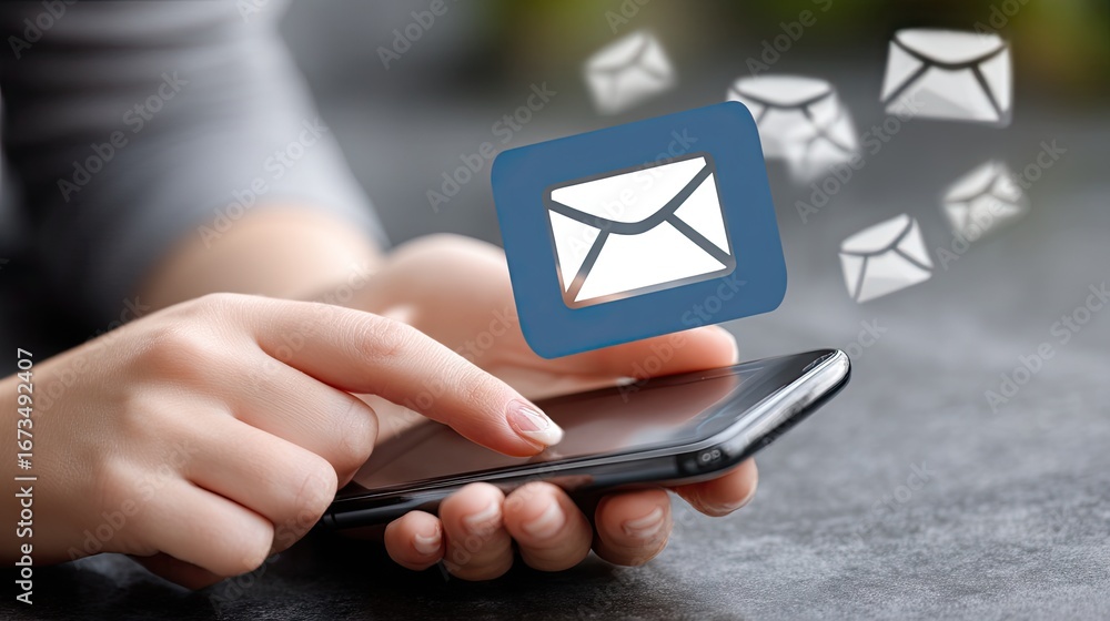 Leinwandbilder hand using smartphone to send messages while digital envelopes represent communication in modern tec