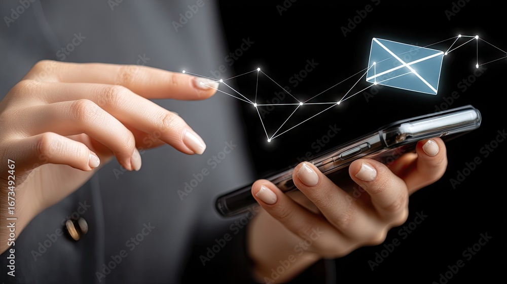 Poster using a smartphone, a person interacts with a digital screen displaying an envelope icon and network