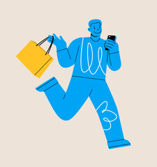 Man holding shopping bags and smartphone. Colorful vector illustration