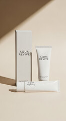 Minimalist arrangement of white skincare tubes and box with subtle branding