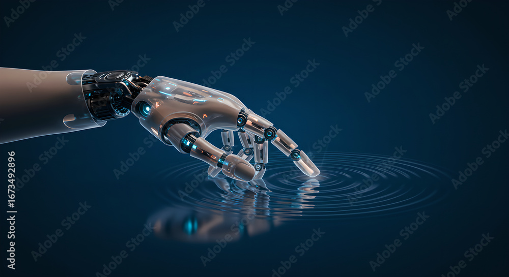 Poster robot hand touching water surface creating ripples. artificial intelligence concept, future technolo