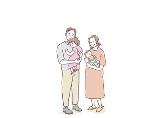 赤ちゃんを抱っこする女性、幼い子供を抱っこする男性（家族）