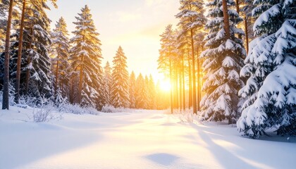 Sunlight streams through snow-covered evergreen trees creating a bright winter landscape scene.