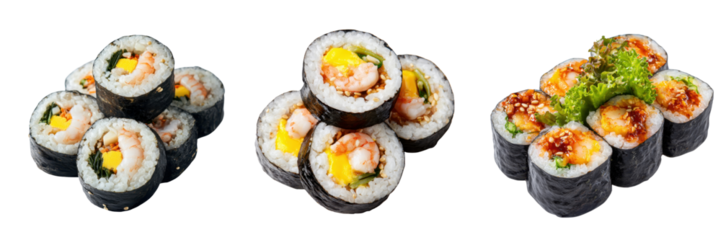 Fresh and Colorful Sushi Rolls with Shrimp and Egg on Transparent Background