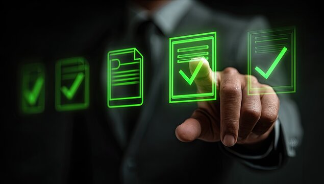 Businessperson digitally checking documents