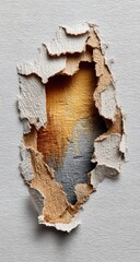 Ripped hole in painted surface, revealing wood underneath