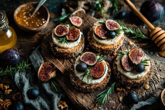 Rustic wooden board with four fig and goat cheese toasts, honey, and rosemary sprigs