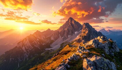Dramatic mountain peak at sunset, vibrant colors, majestic landscape.