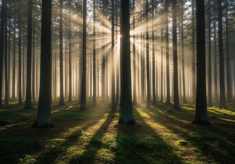 Obraz premium Sunlit Forest with Dense Tree Trunks