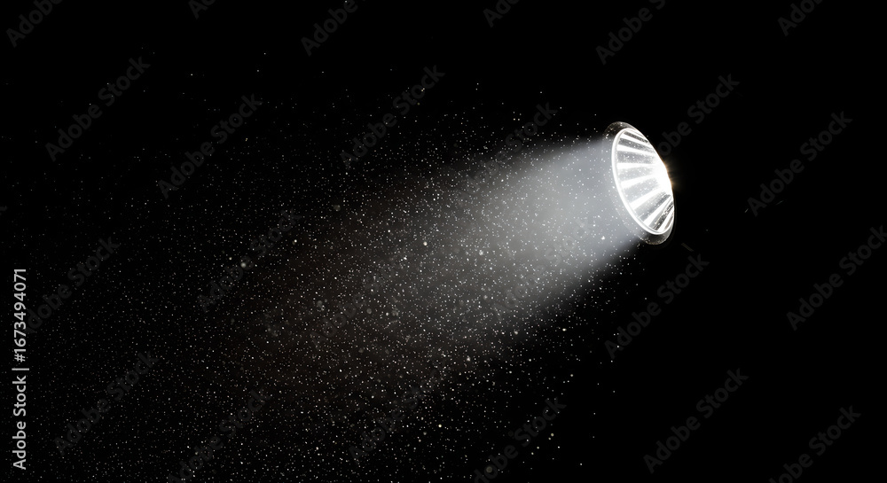 Poster bright spotlight illuminating dust particles and glittering bokeh in dark. abstract light effect bac