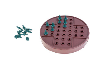 Plastic Peg Game on a Circular Board with Pieces on White Background