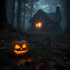 Spooky Pumpkin Scene in Foggy Forest