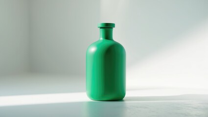 Green bottle on a white surface with soft light, simple minimalistic design.