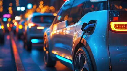 Obraz premium Electric cars charging in city traffic at night