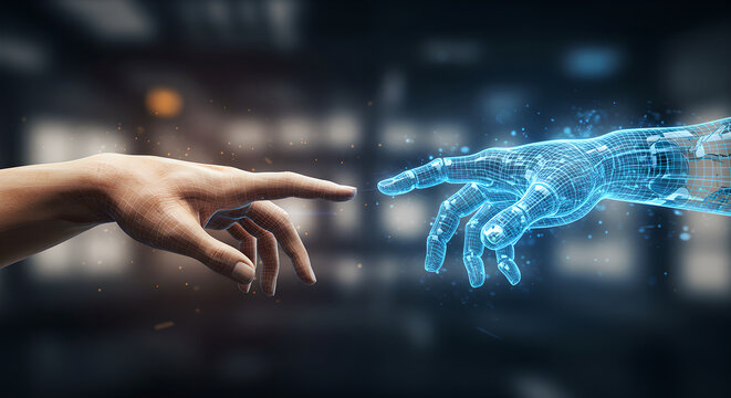 Human hand and digital wireframe hand reaching out to touch. Concept of artificial intelligence and human interaction. New technology interface.