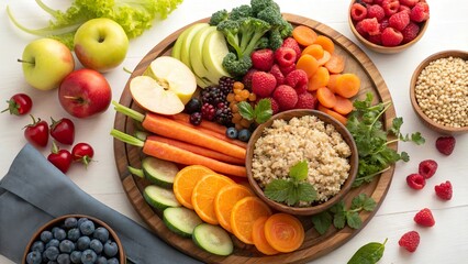 Healthy food choices showcase a colorful selection of fruits and vegetables on a wooden platter, promoting nutritious eating habits