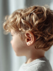 Closeup of a young childs ear with a small earring. Minimalist aesthetic, soft lighting. Illustrates innocence, childhood, beauty, and delicate features.