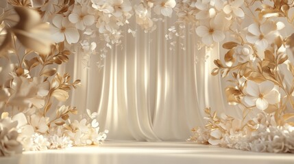 Elegant floral backdrop, soft cream curtains, golden flowers, sunlight, empty stage