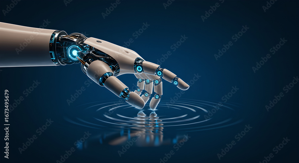 Aufkleber robot finger touching dark water surface creating ripples. artificial intelligence concept, advanced