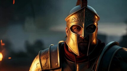 Epic ancient warrior prepares for battle amidst fiery sparks and smoky atmosphere, exuding strength and determination.