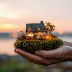 Miniature House Garden In Hands At Sunset