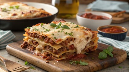 Delicious homemade beef lasagna showcasing layers of pasta, rich meat sauce, and creamy cheese in a cozy kitchen setting