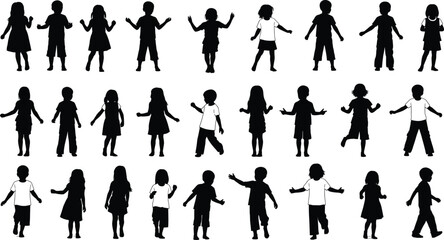 Silhouette vector illustration of diverse children walking and playing, ideal for educational, recreational, and family-friendly creative design projects.