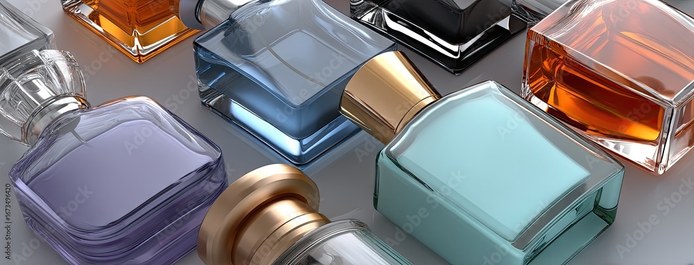 Poster collection of diverse perfume bottles arranged neatly, showcasing various shapes and colors in an el