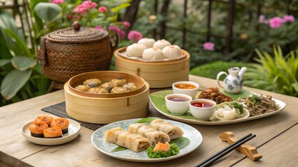 Traditional Chinese dim sum assortment served outdoors in a garden setting with vibrant flowers and lush greenery