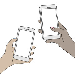 Hand-drawn illustration of two hands holding mobile phones